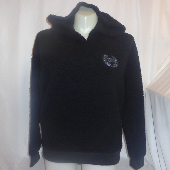 PINK Victoria's Secret Tops - VS Pink L Hoodie Sherpa Pullover Black Relaxed Fit